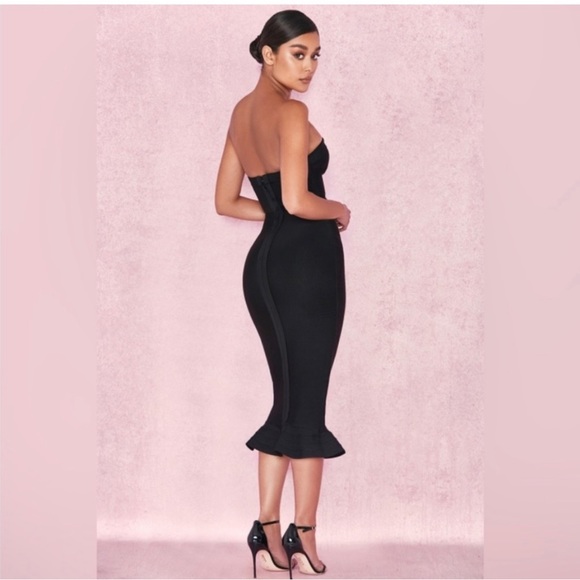 ❌SOLD House of CB Fabrizia Black Bandage Fluted Hem Strapless Dress Medium - Picture 2 of 4
